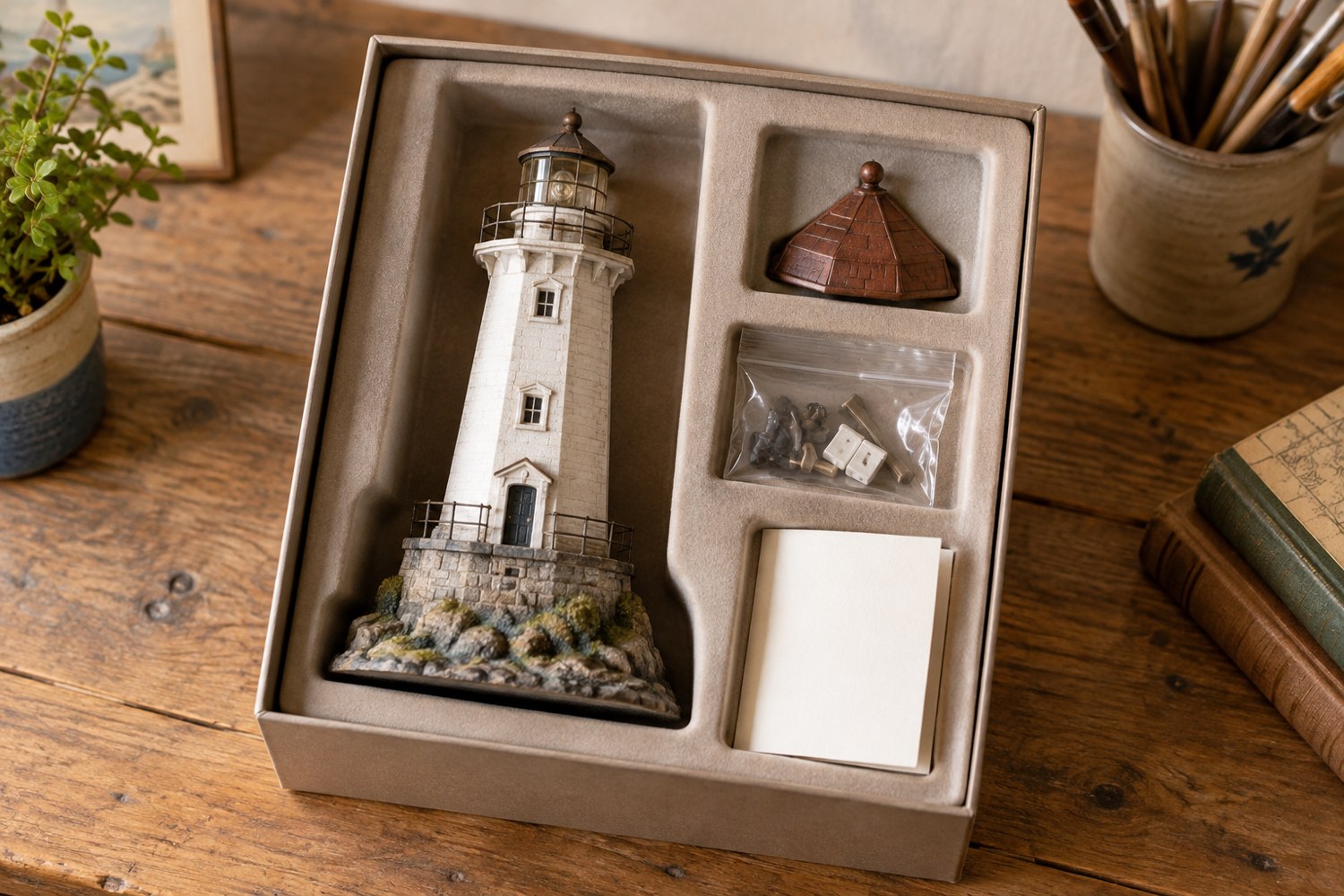 A miniature lighthouse packed with a separate roof piece, spare parts and a care-note card