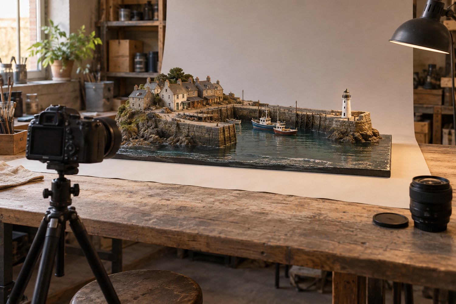 A harbour diorama arranged for a photography session with a camera and spare lens